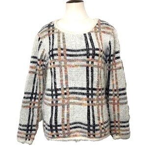 𝅺Qed London Plaid Knit Sweater Sz M Cream Nrown Fuzzy Colorful Long Sleeve